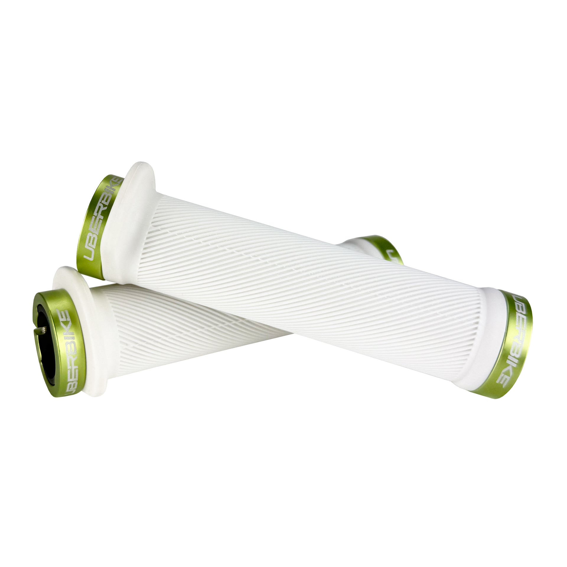 Mountain bike white flange grip with green lock rings on a white background