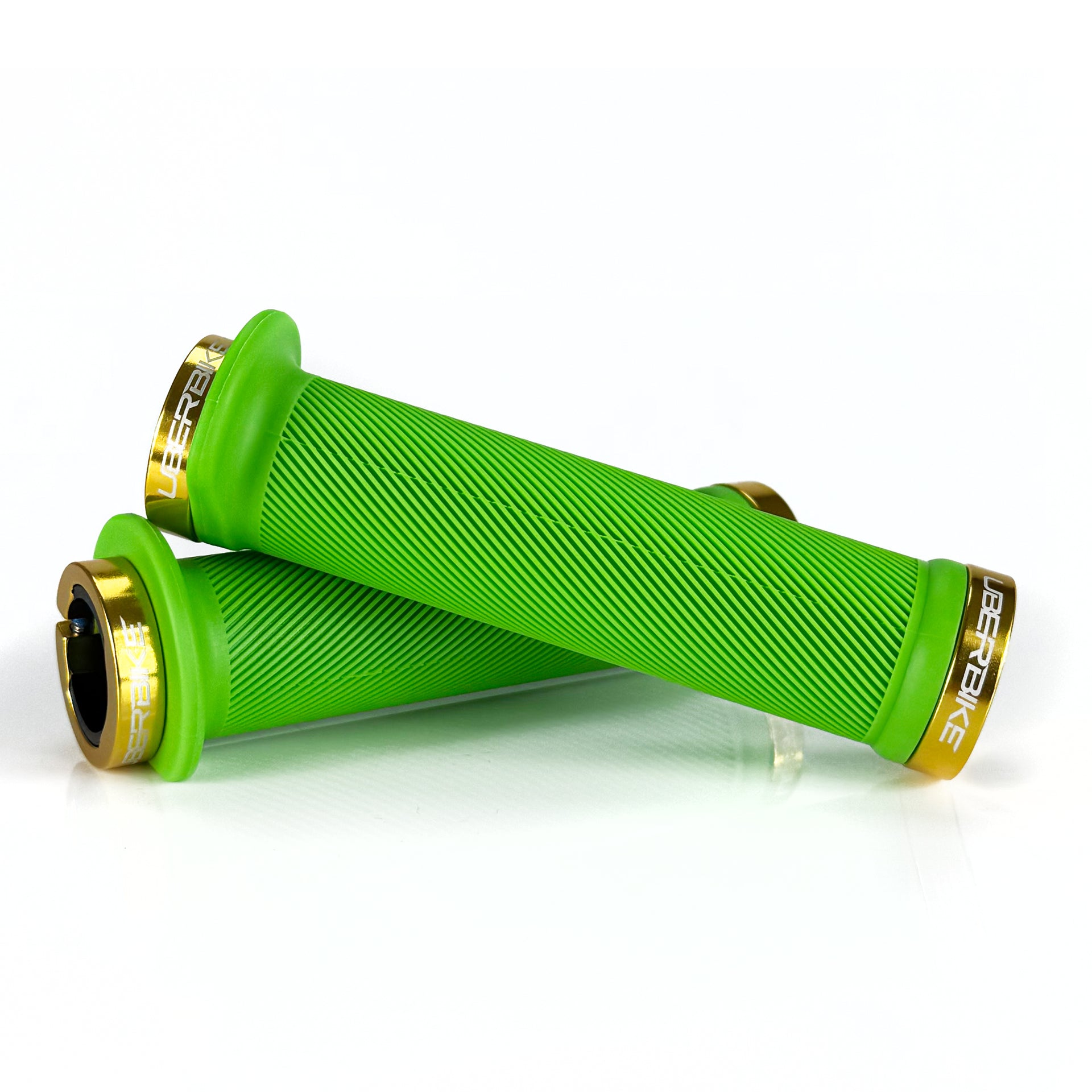 Mountain bike green flange grip with gold lock rings on a white background
