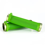 Mountain bike green flange grip with  green lock rings on a white background