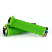 Mountain bike green flange grip with oil slick lock rings on a white background