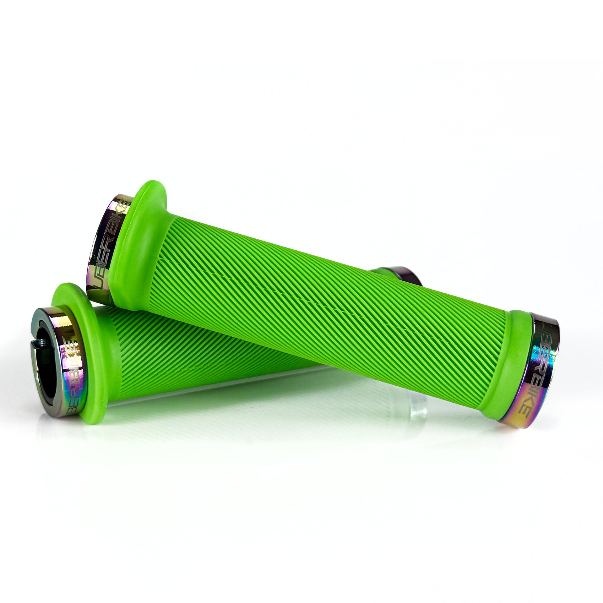 Mountain bike green flange grip with oil slick lock rings on a white background