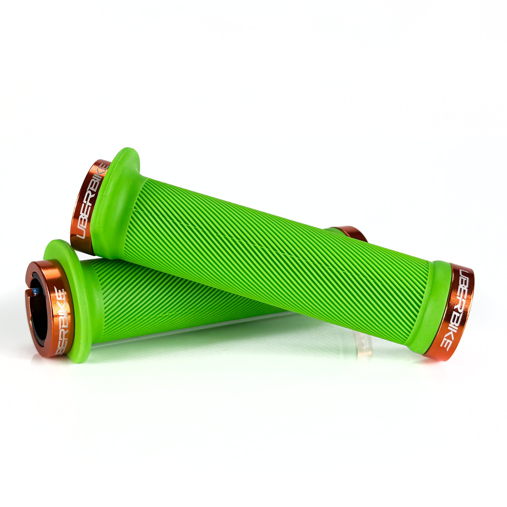 Mountain bike green flange grip with orange lock rings on a white background