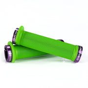 Mountain bike green flange grip with purple lock rings on a white background