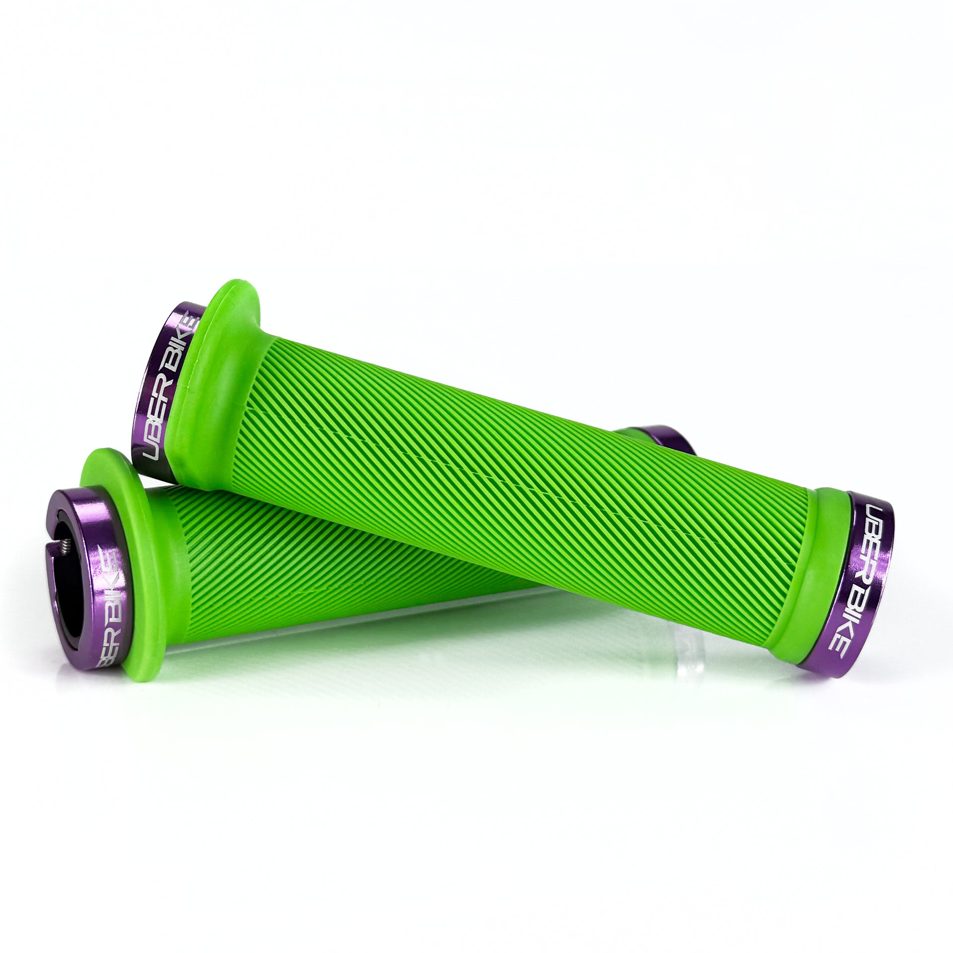 Mountain bike green flange grip with purple lock rings on a white background