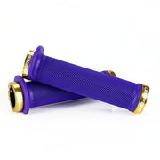 Mountain bike purple flange grip with gold lock rings on a white background