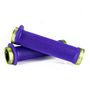Mountain bike purple flange grip with green lock rings on a white background