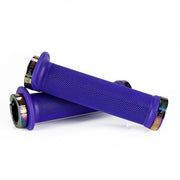 Mountain bike purple flange grip with oil slick lock rings on a white background