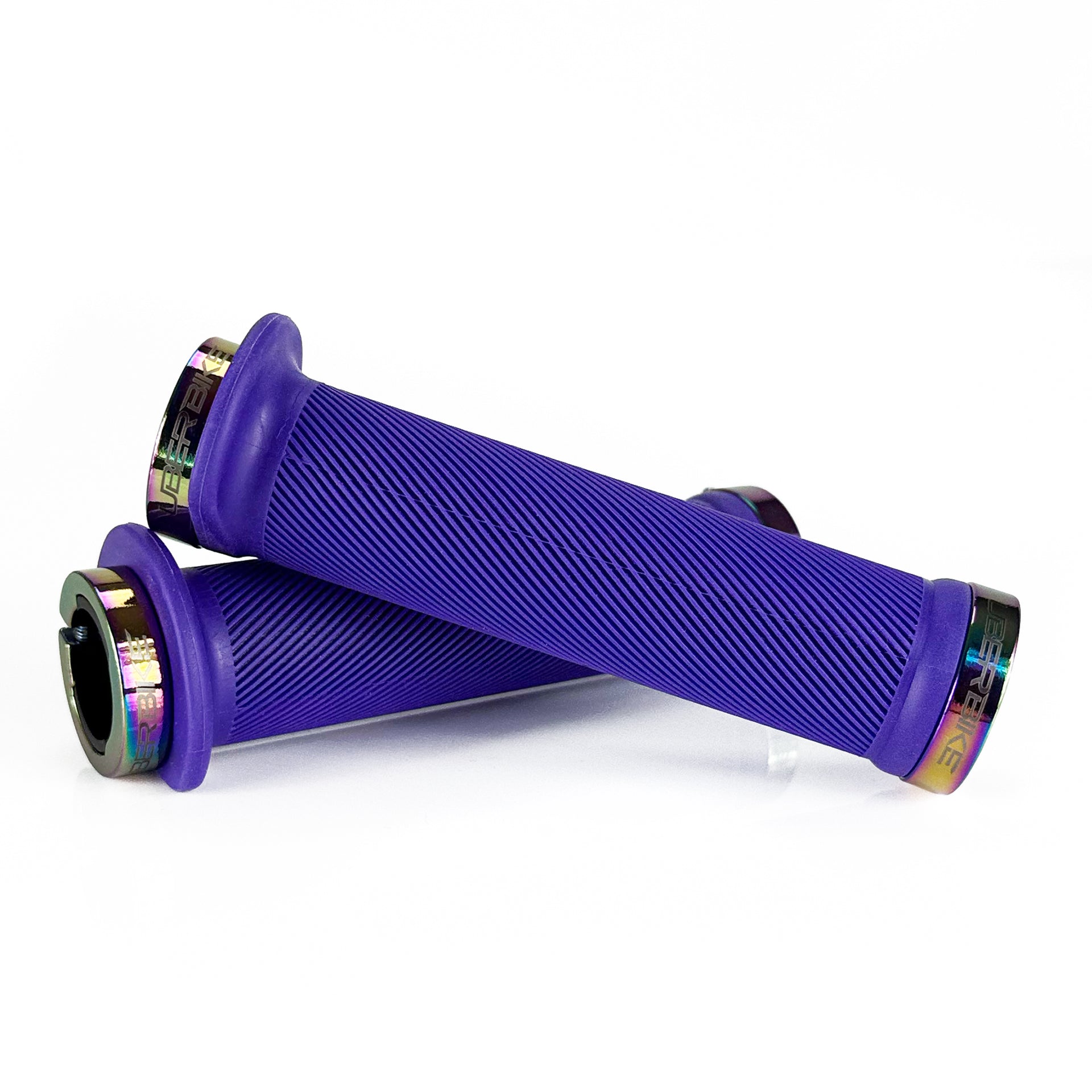 Mountain bike purple flange grip with oil slick lock rings on a white background