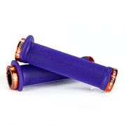 Mountain bike purple flange grip with orange lock rings on a white background