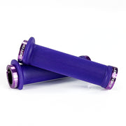 Mountain bike purple flange grip with purple lock rings on a white background