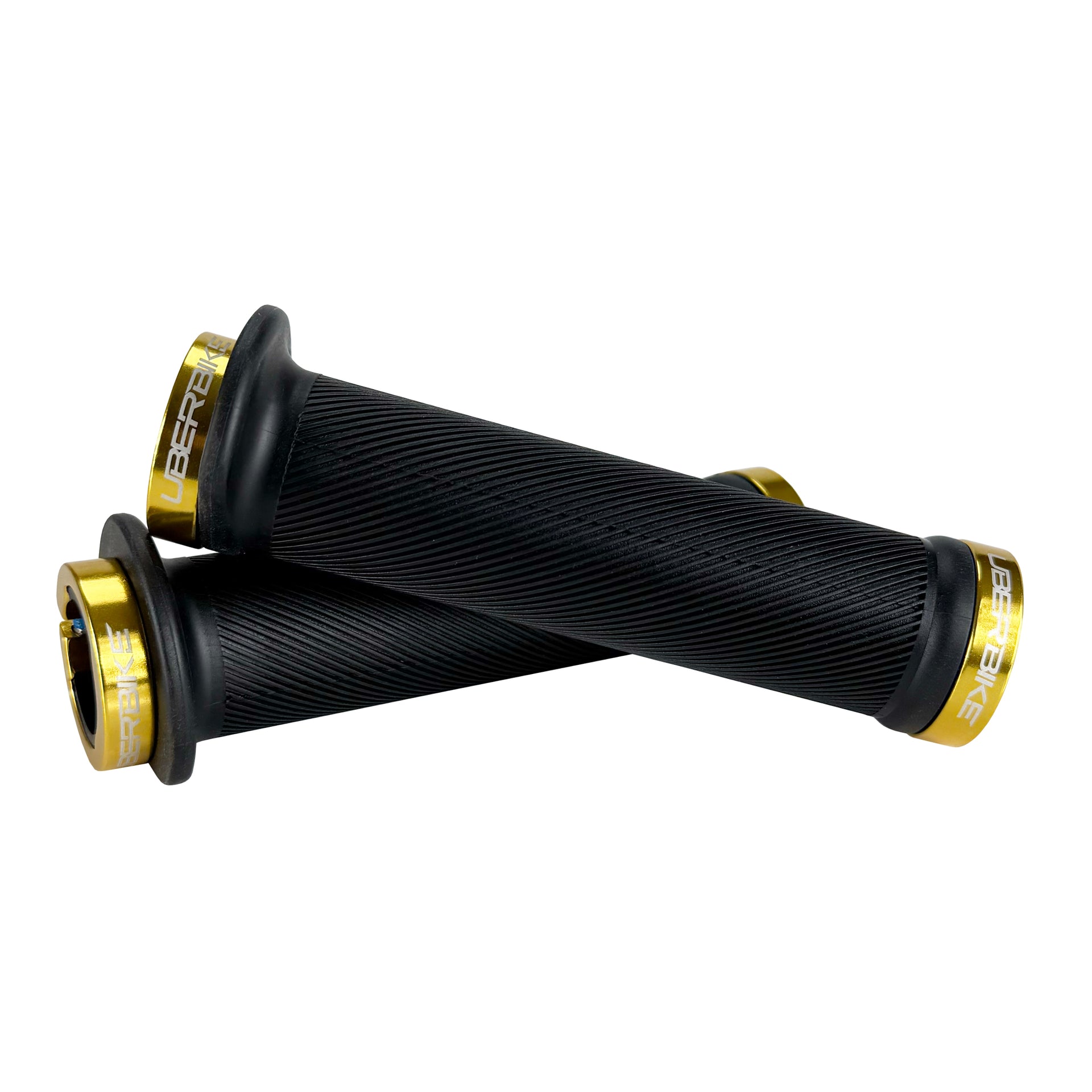 Mountain bike black flange grip with gold lock rings on a white background