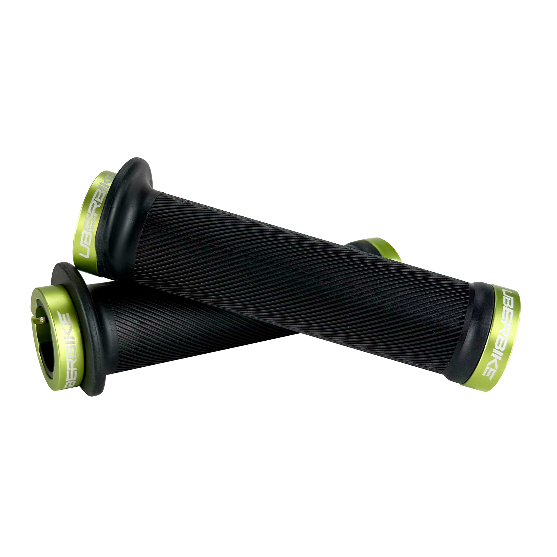 Mountain bike black flange grip with green lock rings on a white background