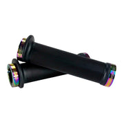 Mountain bike black flange grip with oil slick lock rings on a white background