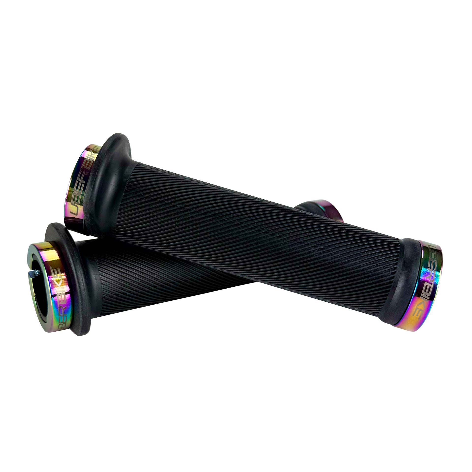 Mountain bike black flange grip with oil slick lock rings on a white background