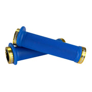 Mountain bike black flange grip with  gold lock rings on a white background 