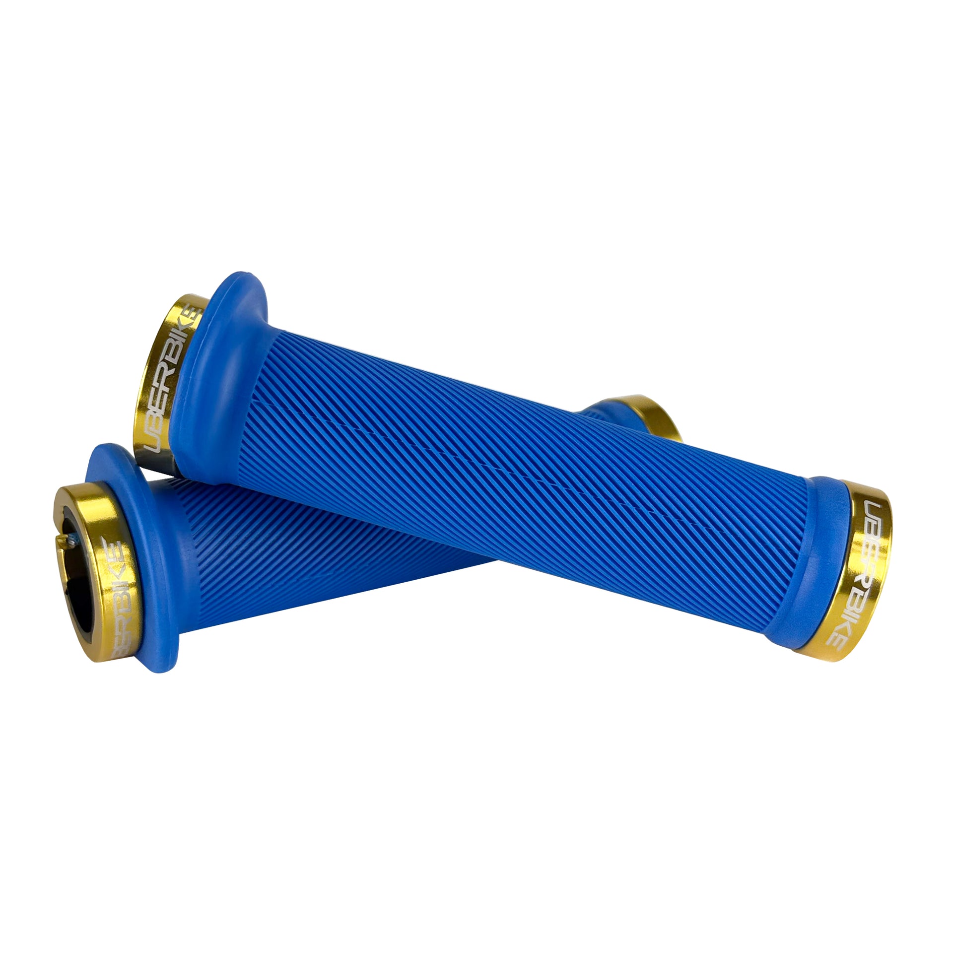 Mountain bike black flange grip with  gold lock rings on a white background 