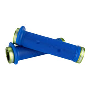 Mountain bike blue flange grip with green lock rings on a white background
