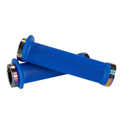 Mountain bike blue flange grip with oil slick lock rings on a white background