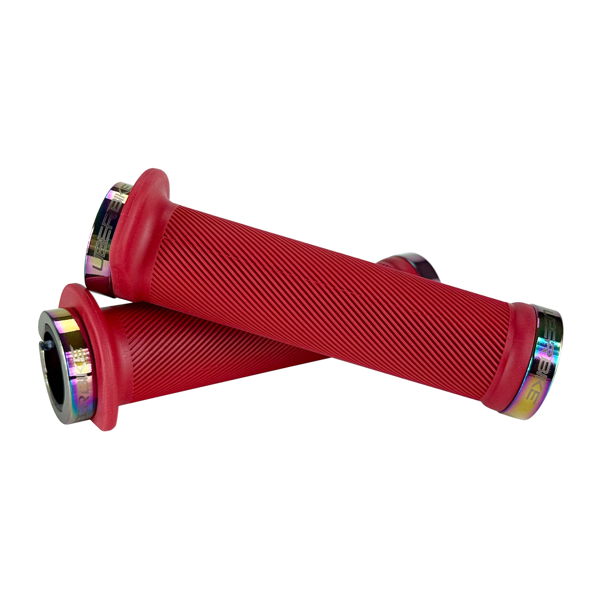Mountain bike red flange grip with oil slick lock rings on a white background