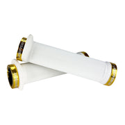 Mountain bike white flange grip with gold lock rings on a white background