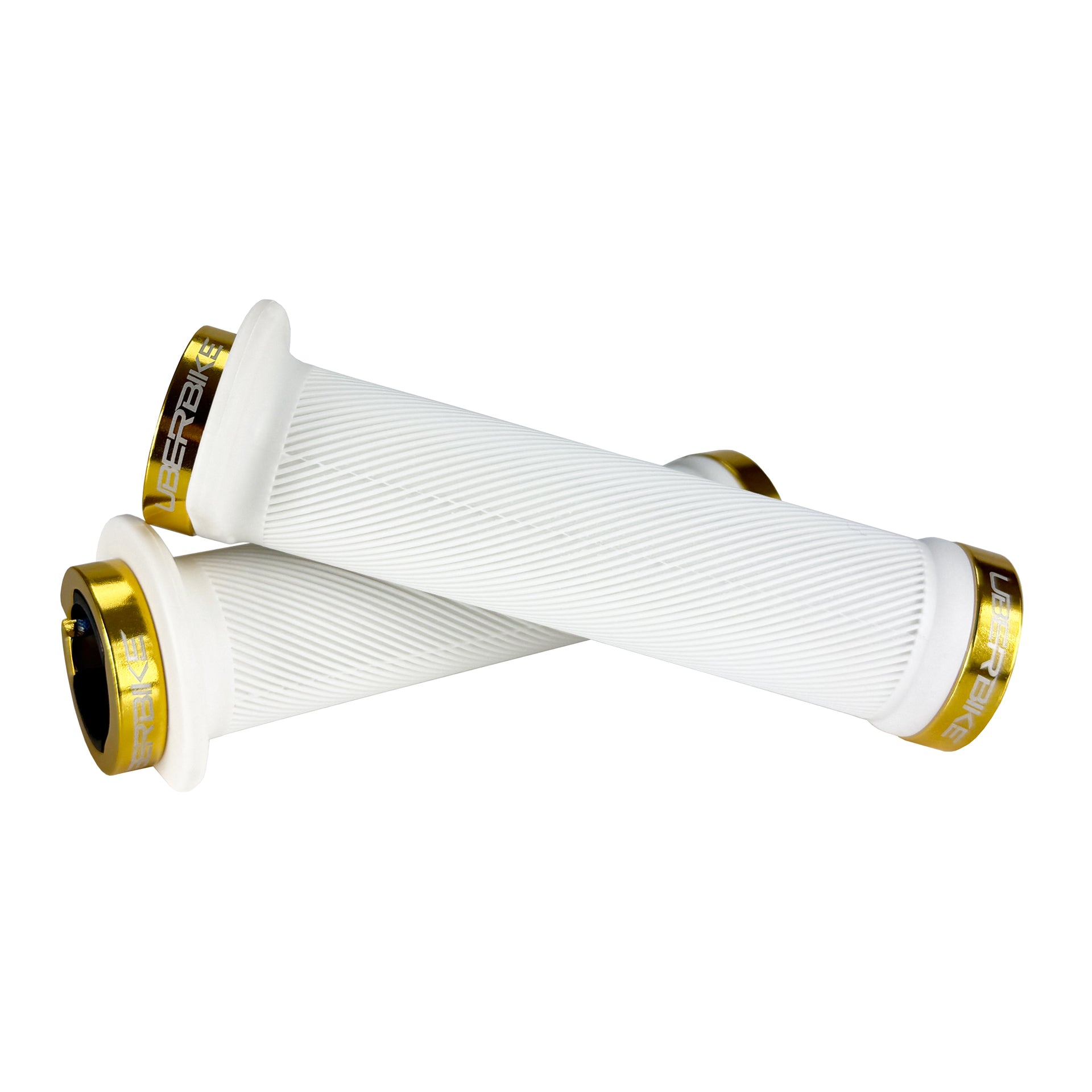 Mountain bike white flange grip with gold lock rings on a white background