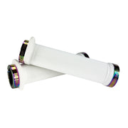 Mountain bike white flange grip with oil slick lock rings on a white background