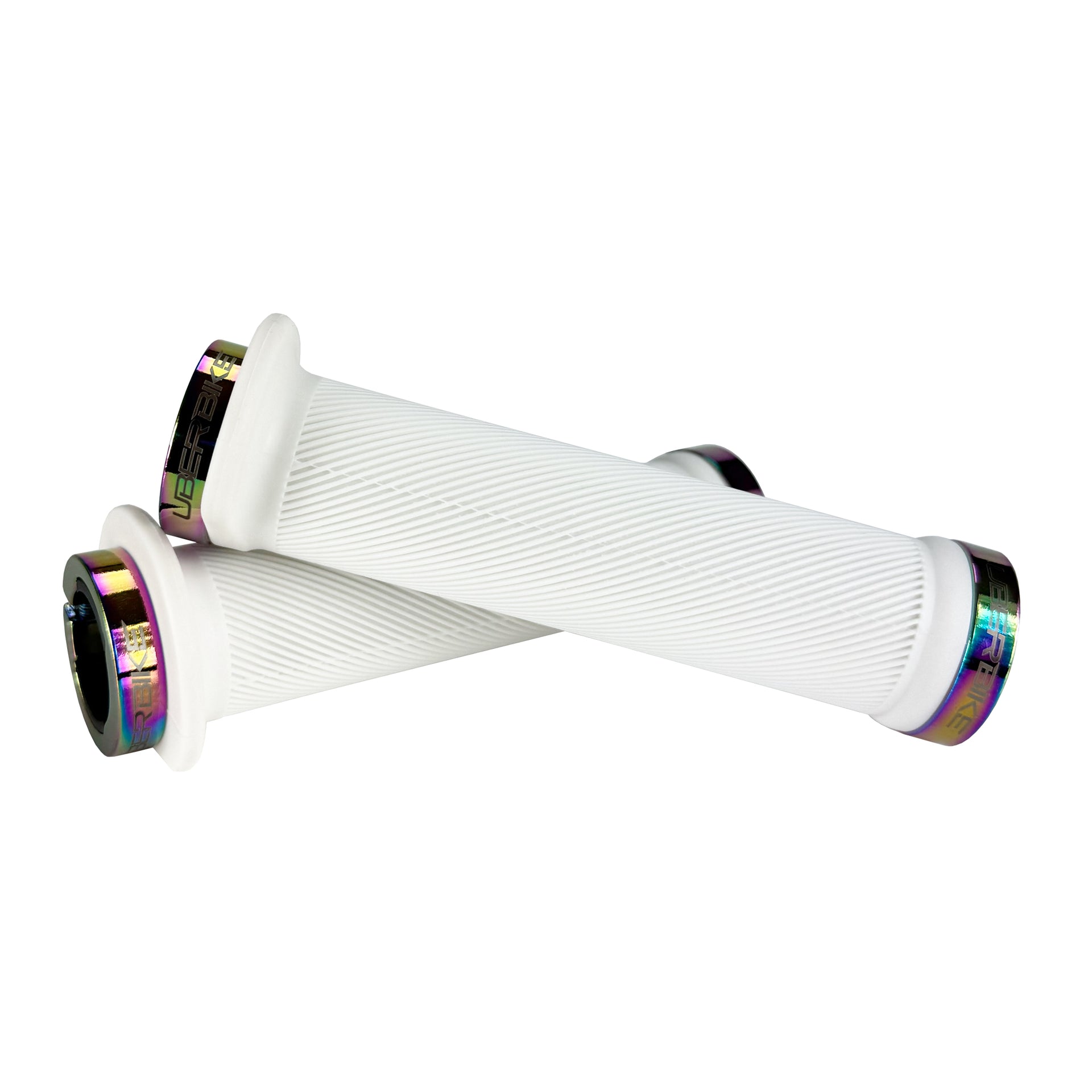 Mountain bike white flange grip with oil slick lock rings on a white background