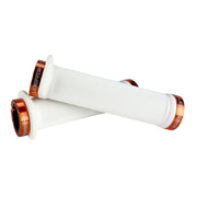 Mountain bike white flange grip with orange lock rings on a white background