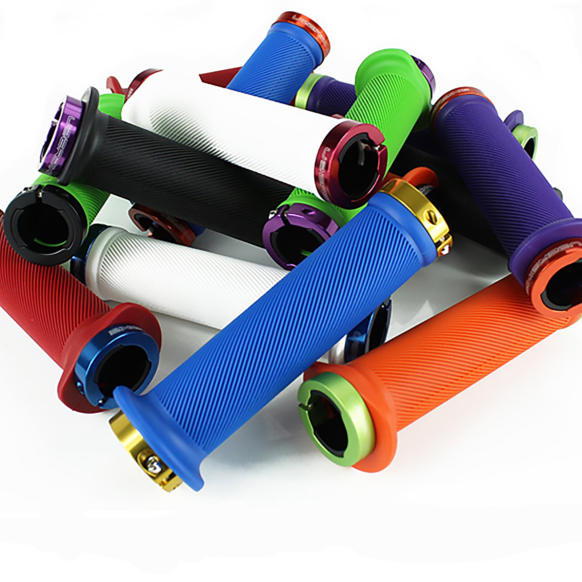 Colourful bicycle grips in a flange style with lockrings on a white background