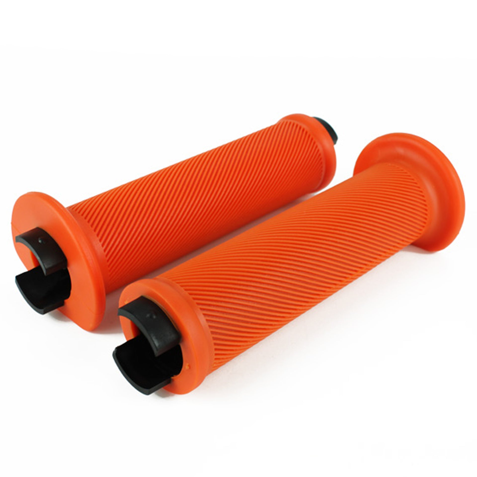 Two orange flange bicycle grips on a white background