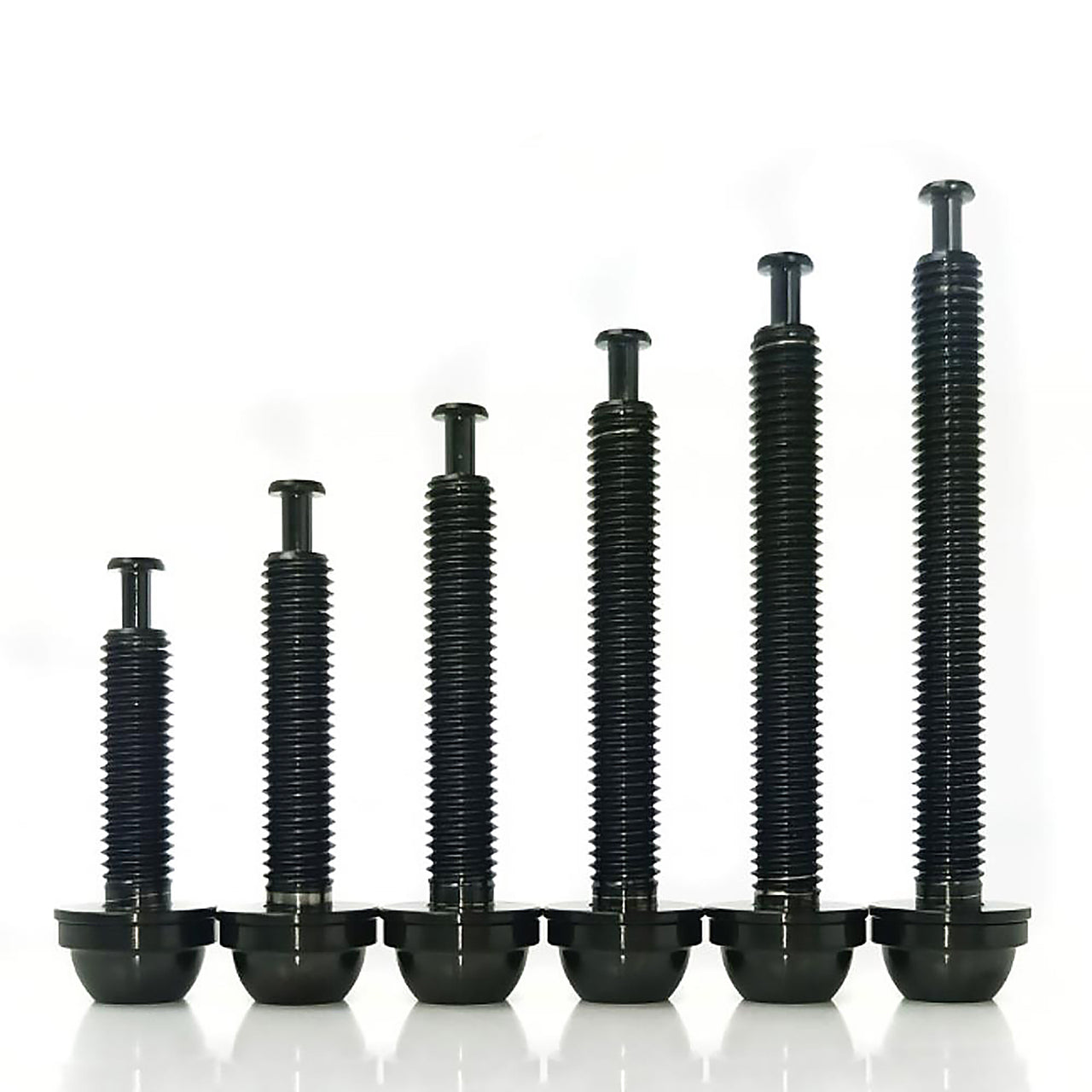 a range of black flat mount bolts in different sizes on a white background
