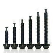 a range of black flat mount bolts in different sizes on a white background
