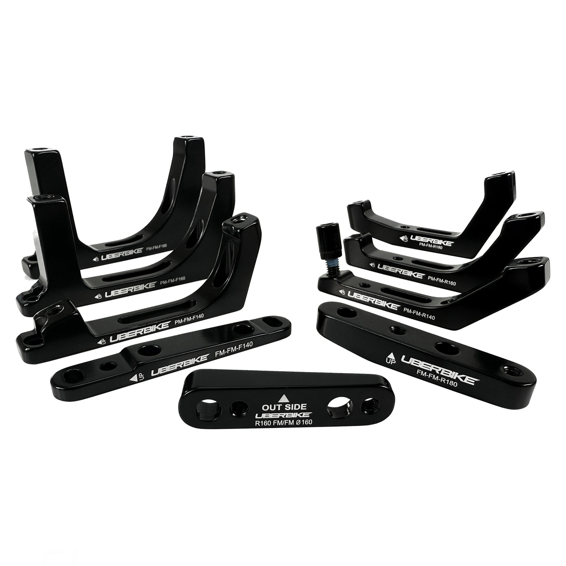 a group of flatmount disc brake adapters in black with Uberbike branding on a white background