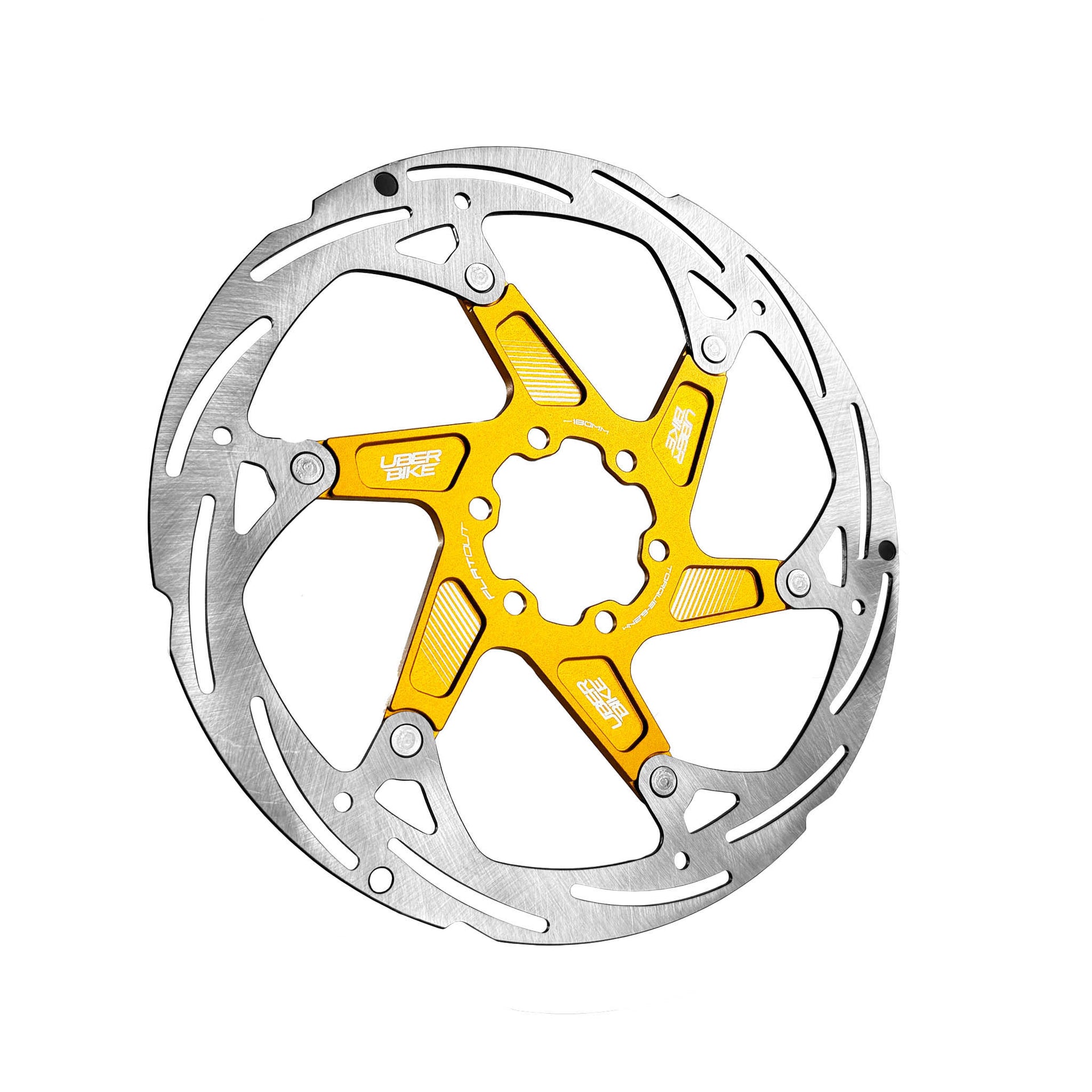gold disc brake rotor on a white background with Uberbike branding 