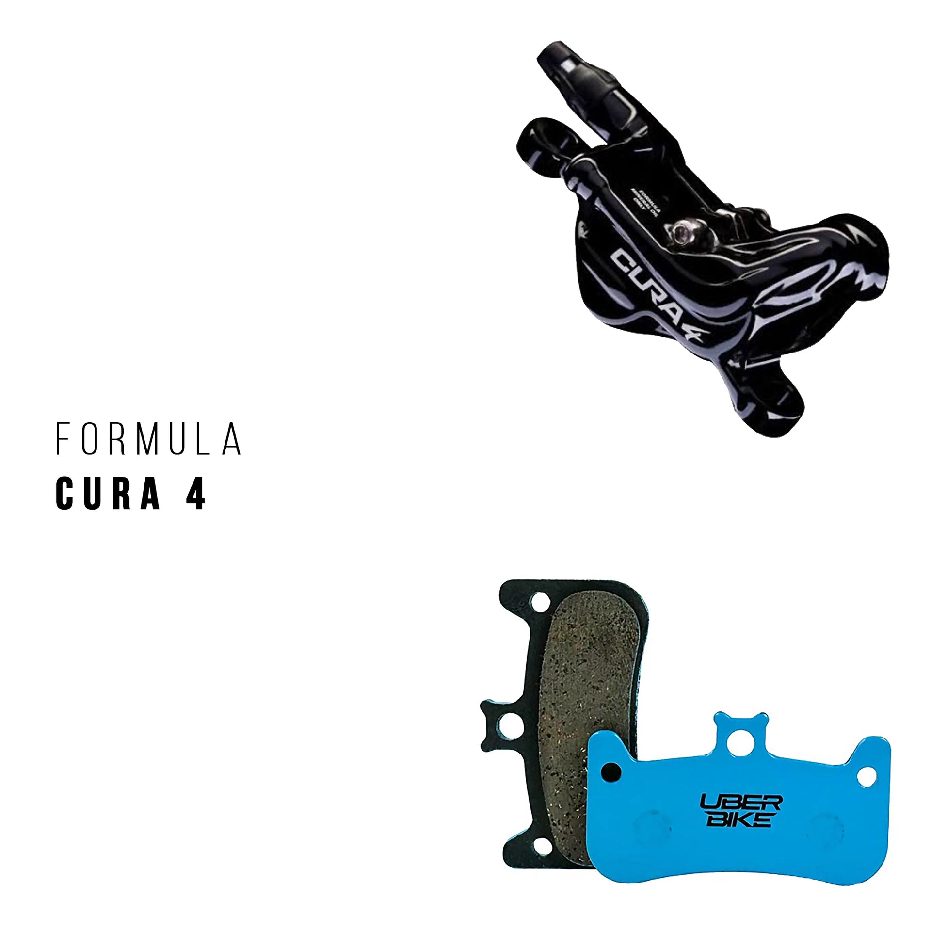 Formula Cura 4 brake caliper with Uberbike brake pads on a white background