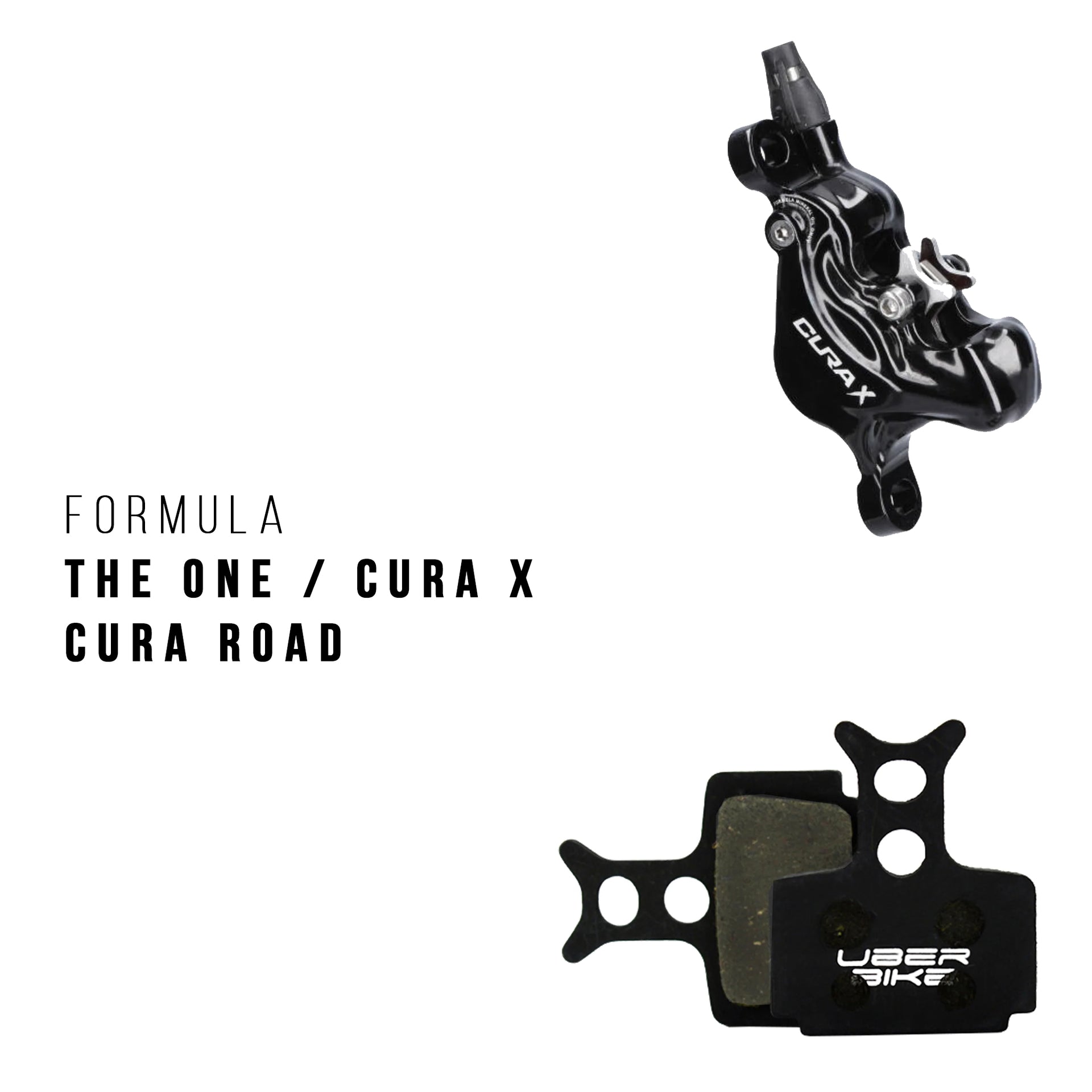 Formula Cura X brake caliper with Uberbike brake pads on a white background
