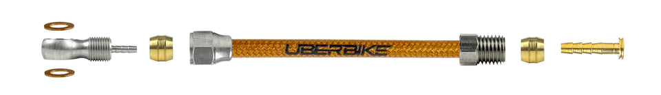 formula hydraulic kevlar braid brake hose fittings using a banjo bolt with Uberbike branding on a white background