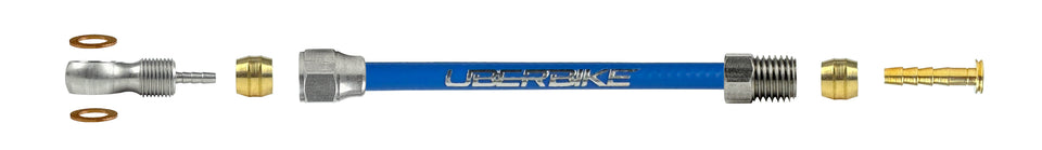 formula hydraulic brake hose fittings using a banjo with Uberbike branding on a white background