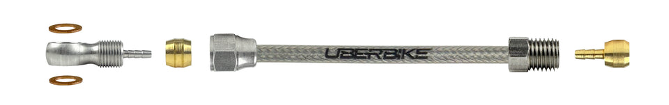 formula hydraulic stainless braid brake hose fittings using a banjo with Uberbike branding on a white background