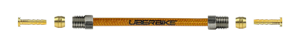 formula hydraulic kevlar braid brake hose fittings using a straight connector with Uberbike branding on a white background