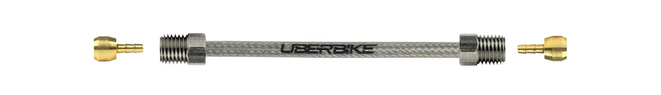 formula hydraulic stainless braid brake hose fittings using a straight connector with Uberbike branding on a white background