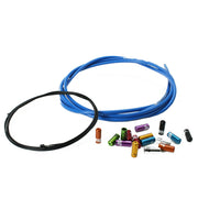 Various coloured ferrules with blue gear cable and black gear inner wire on a white background