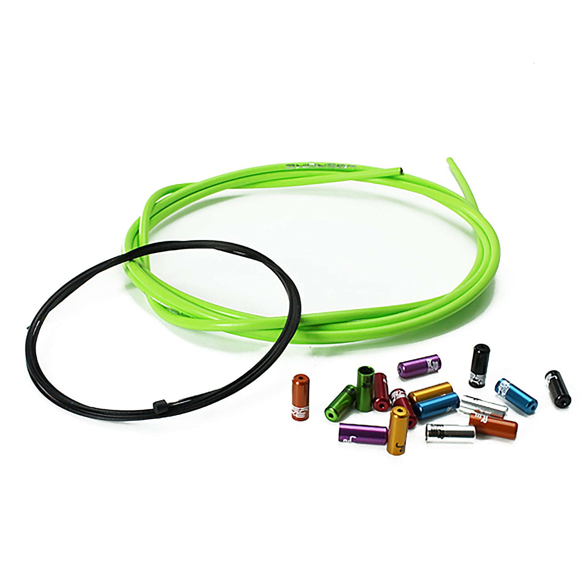 2m of green gear cable coiled up with various ferrules and gear inner wire on a white background