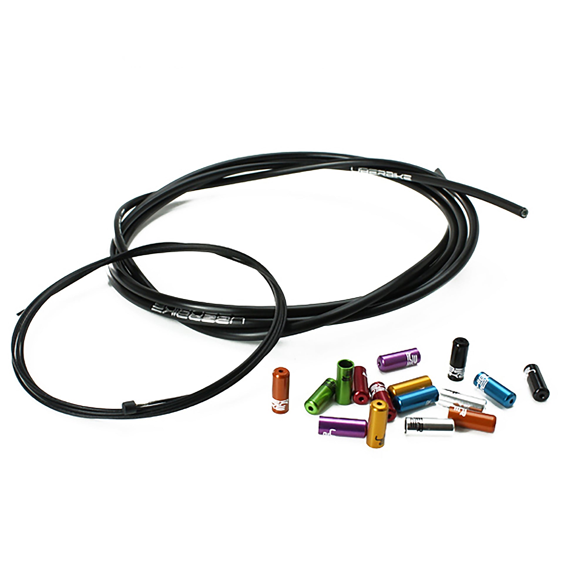 Black gear cable kits with variousferrules and gear inner wire on a white background