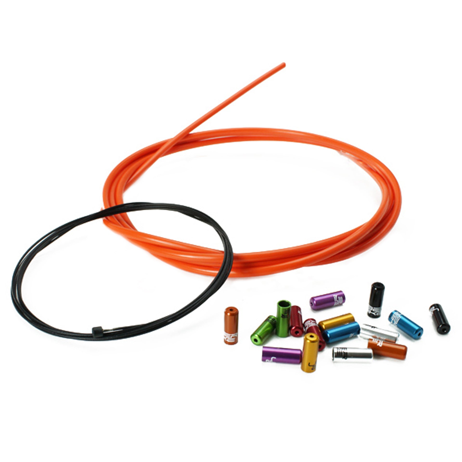 Orange gear cable with gear inner wire and various sealed ferrules on a white background