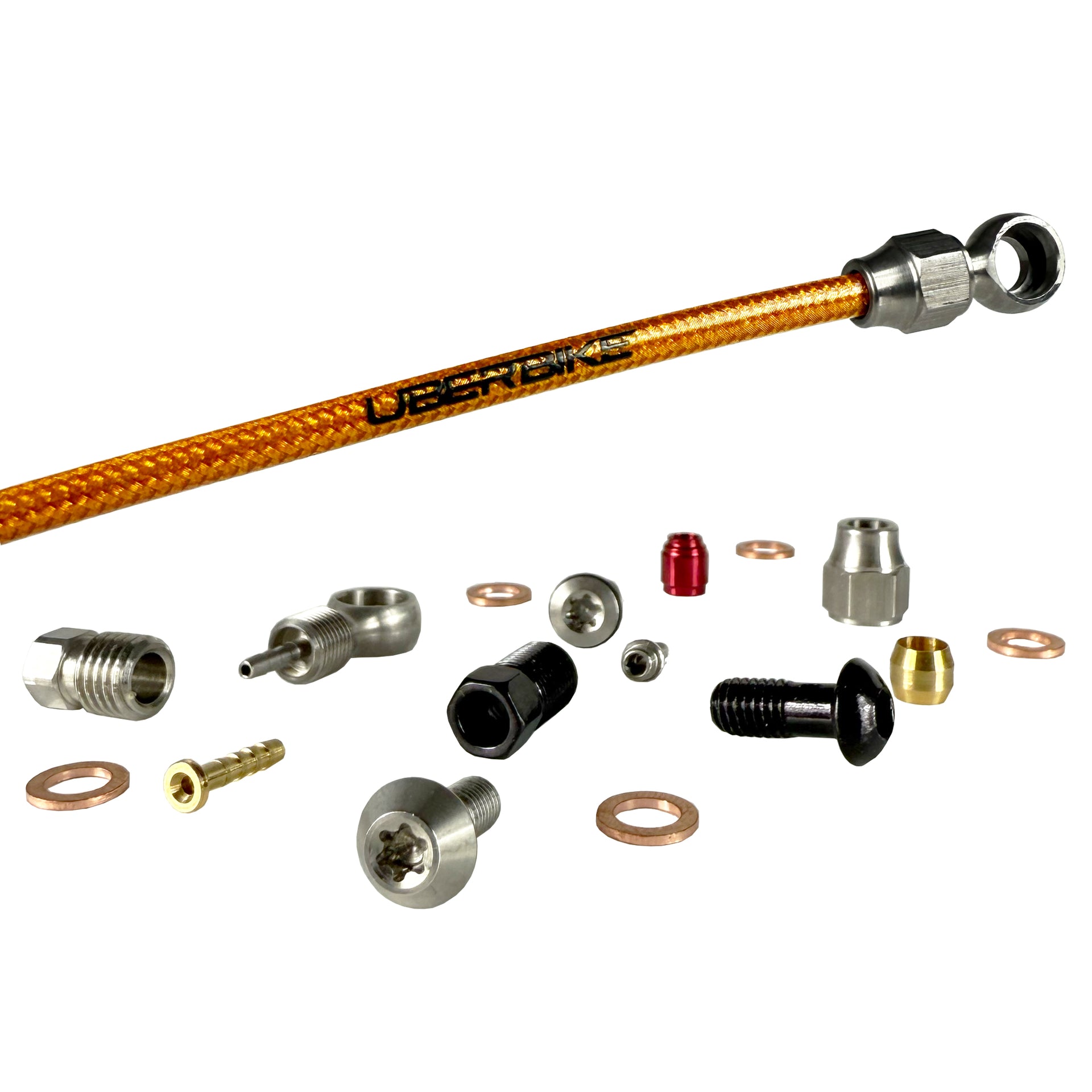Gold braid hydraulic brake hose kit and fittings on a white background