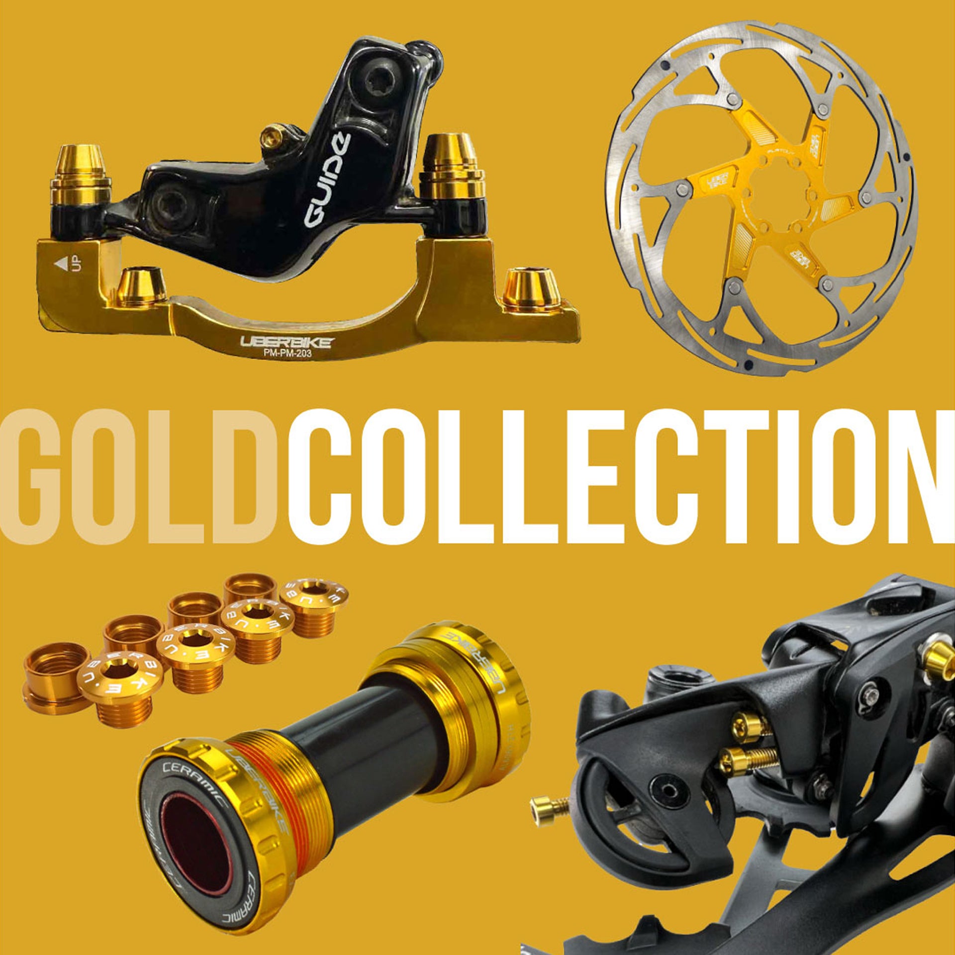 Gold bike components with Gold Collection' text on a gold background