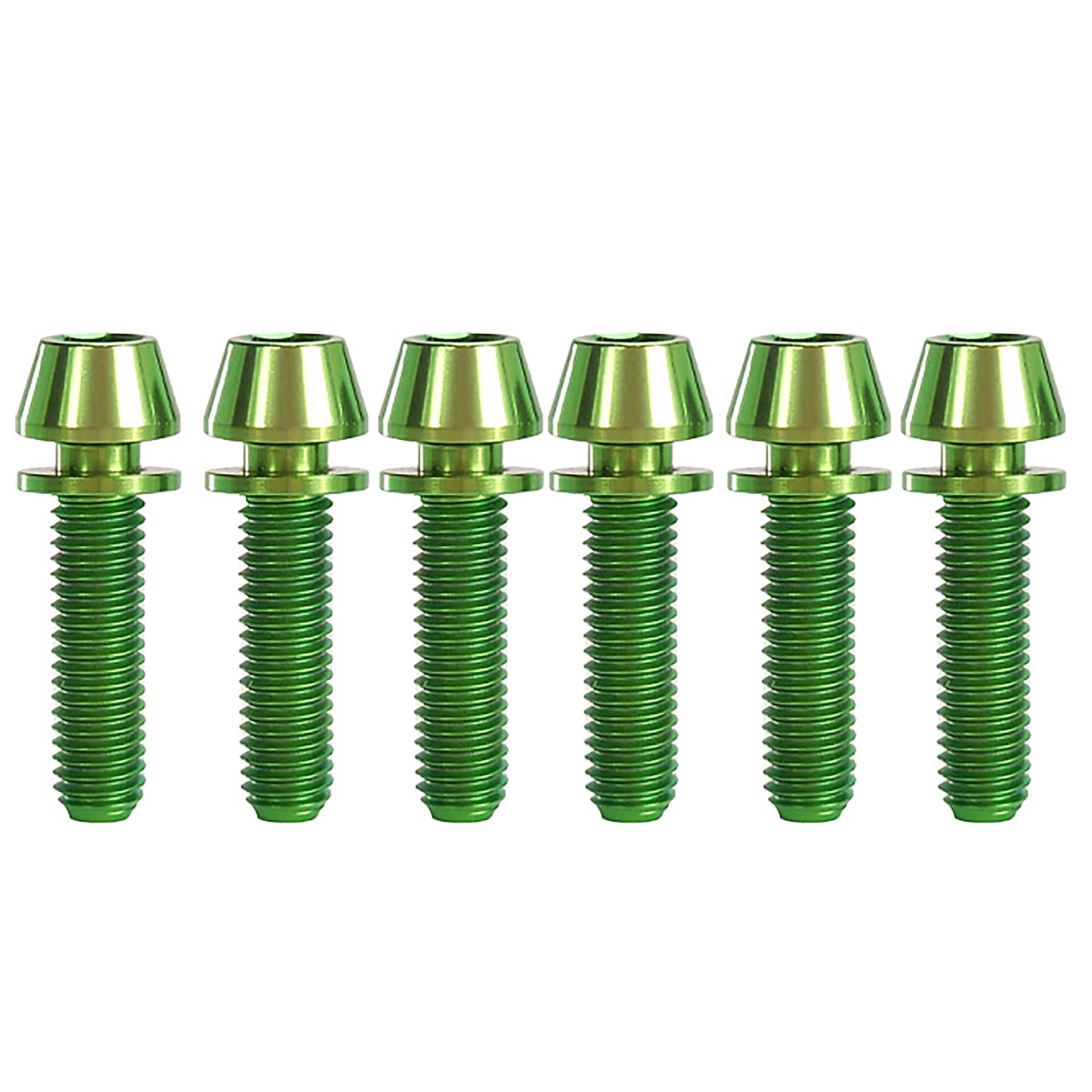 6 M5x20mm green titanium bolts for Elite Thomson bolt kits, on a white background