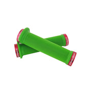 2 green flange mountain bike grips with red lockrings and uberbike branding on a white background