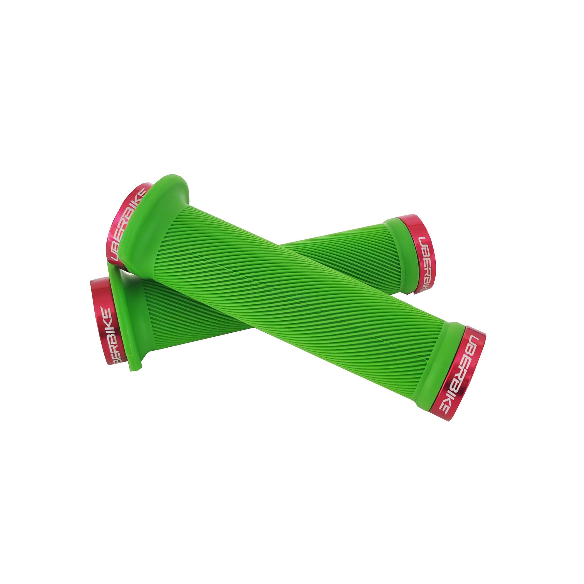2 green flange mountain bike grips with red lockrings and uberbike branding on a white background